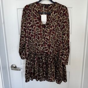 ZARA Women's Ruffle Animal Print Red Black Mini Tunic Dress Drop-Waist Size M